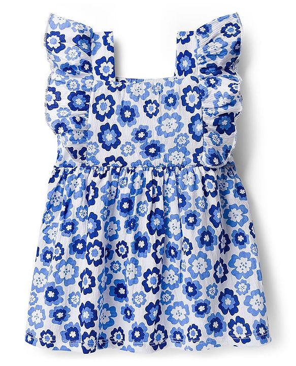 Babyhug Knit Frill Sleeves Frock With Floral Print - White