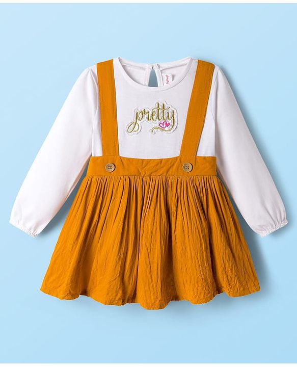 Babyhug Knit Full Sleeves Frock With Text Patch - Mustard & White