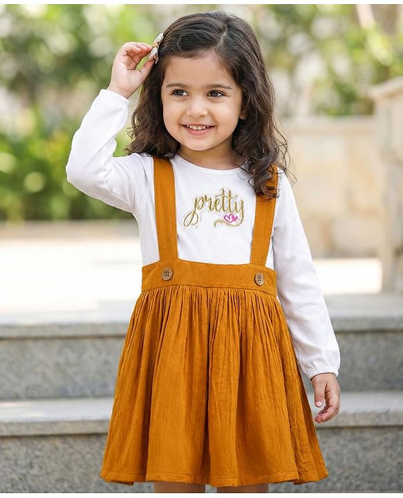 Babyhug Knit Full Sleeves Frock With Text Patch - Mustard & White