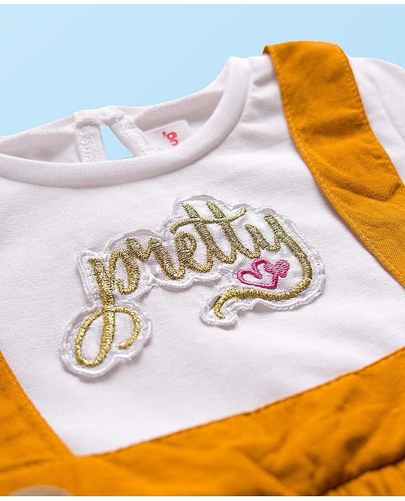 Babyhug Knit Full Sleeves Frock With Text Patch - Mustard & White