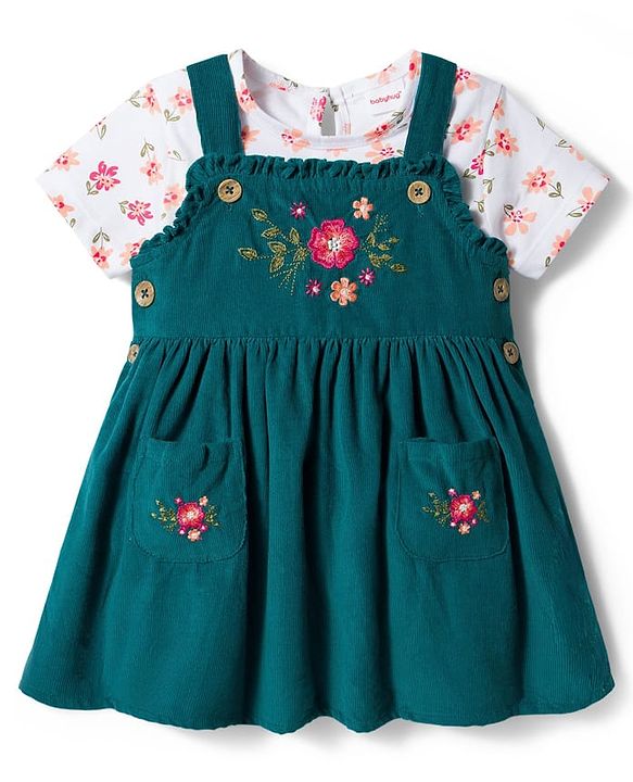 Babyhug Cotton Woven Frock & Half Sleeves Inner Tee With Floral Print & Embroidery - Olive Green