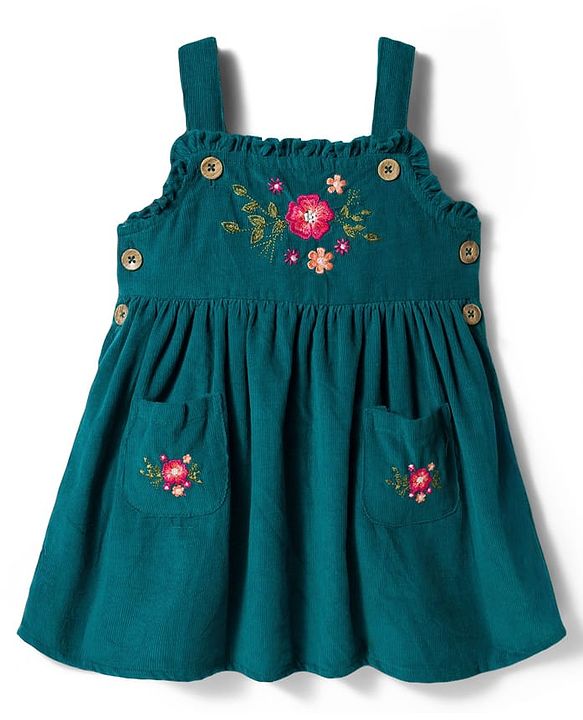 Babyhug Cotton Woven Frock & Half Sleeves Inner Tee With Floral Print & Embroidery - Olive Green