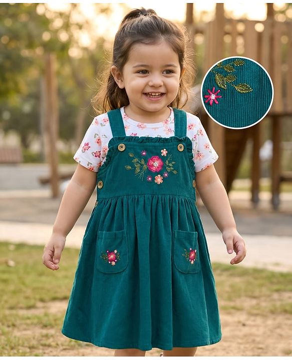 Babyhug Cotton Woven Frock & Half Sleeves Inner Tee With Floral Print & Embroidery - Olive Green