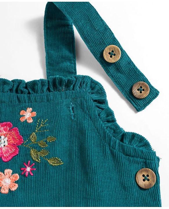 Babyhug Cotton Woven Frock & Half Sleeves Inner Tee With Floral Print & Embroidery - Olive Green