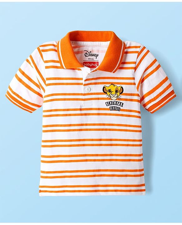 Babyhug Disney Single Jersey Knit Half Sleeves Striped Polo T-Shirt with Simba Graphic - Multicolor
