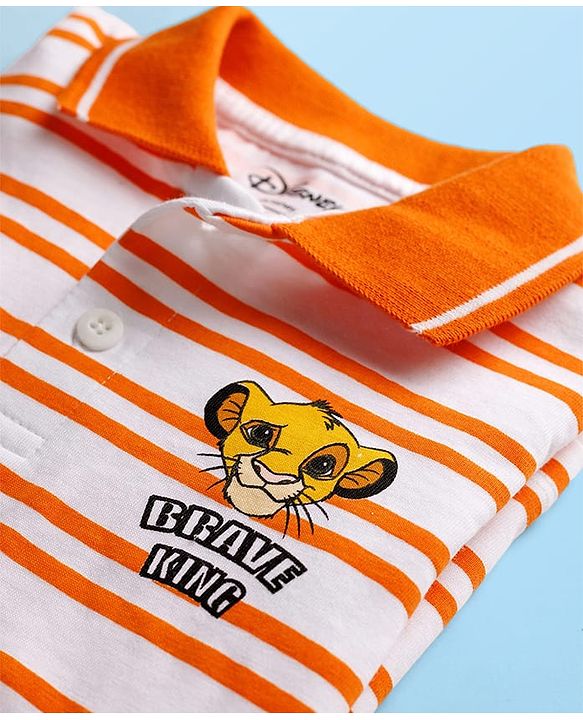 Babyhug Disney Single Jersey Knit Half Sleeves Striped Polo T-Shirt with Simba Graphic - Multicolor