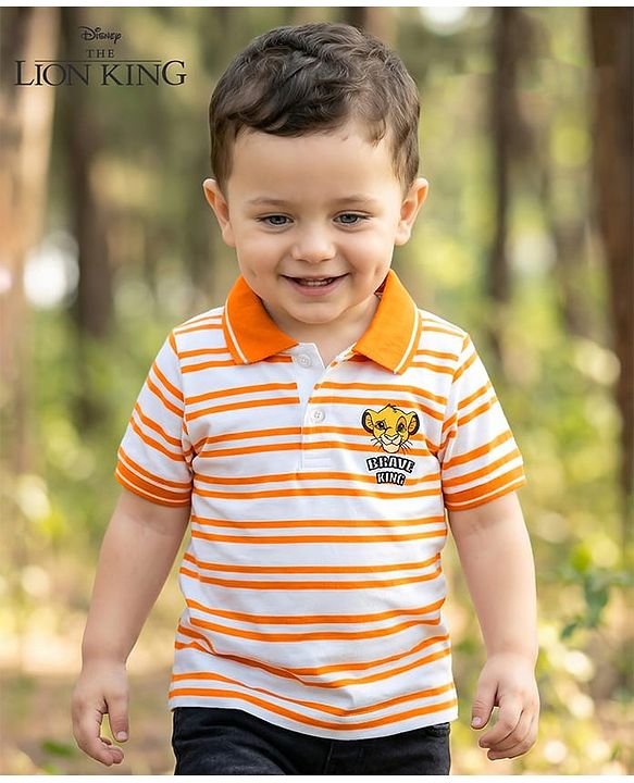 Babyhug Disney Single Jersey Knit Half Sleeves Striped Polo T-Shirt with Simba Graphic - Multicolor