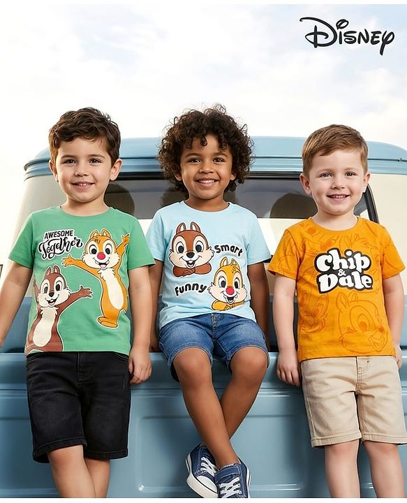 Babyhug Disney Single Jersey Knit Half Sleeves T-Shirts with Chip N Dale Graphic Pack of 3 - Orange Aqua Blue & Green