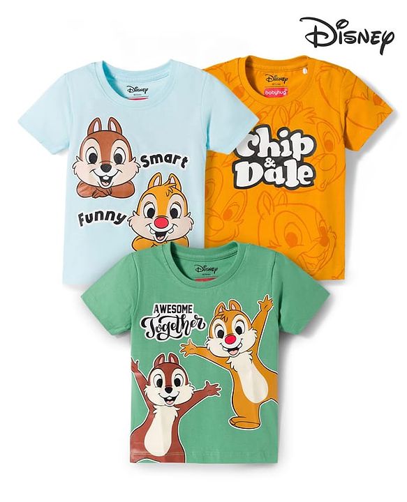 Babyhug Disney Single Jersey Knit Half Sleeves T-Shirts with Chip N Dale Graphic Pack of 3 - Orange Aqua Blue & Green