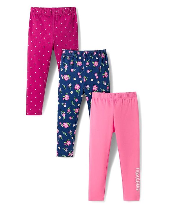 Babyhug Cotton Lycra Knit Full Length Leggings With Floral & Polka Dot Print Pack of 3 - Navy Blue Light & Dark Pink