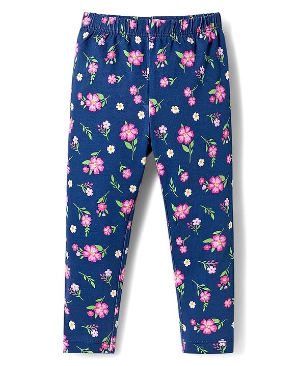 Babyhug Cotton Lycra Knit Full Length Leggings With Floral & Polka Dot Print Pack of 3 - Navy Blue Light & Dark Pink