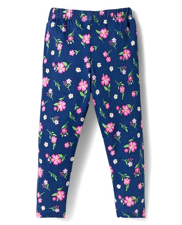 Babyhug Cotton Lycra Knit Full Length Leggings With Floral & Polka Dot Print Pack of 3 - Navy Blue Light & Dark Pink