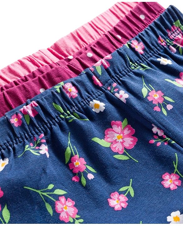 Babyhug Cotton Lycra Knit Full Length Leggings With Floral & Polka Dot Print Pack of 3 - Navy Blue Light & Dark Pink