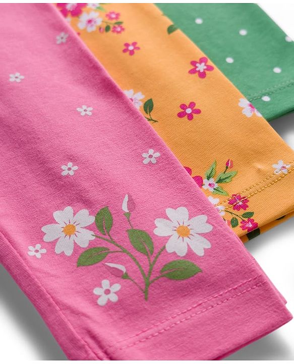 Babyhug Cotton Lycra Knit Full Length Leggings With Polka Dot & Floral Print Pack Of 3 - Pink Green & Fuschia