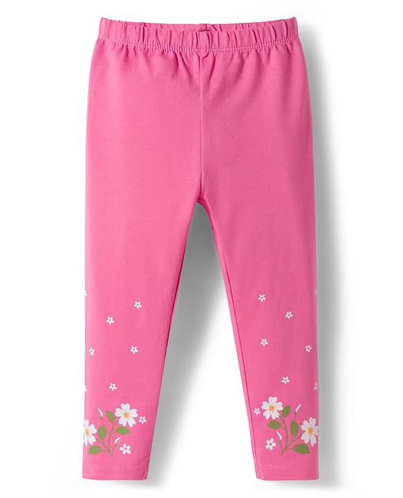 Babyhug Cotton Lycra Knit Full Length Leggings With Polka Dot & Floral Print Pack Of 3 - Pink Green & Fuschia