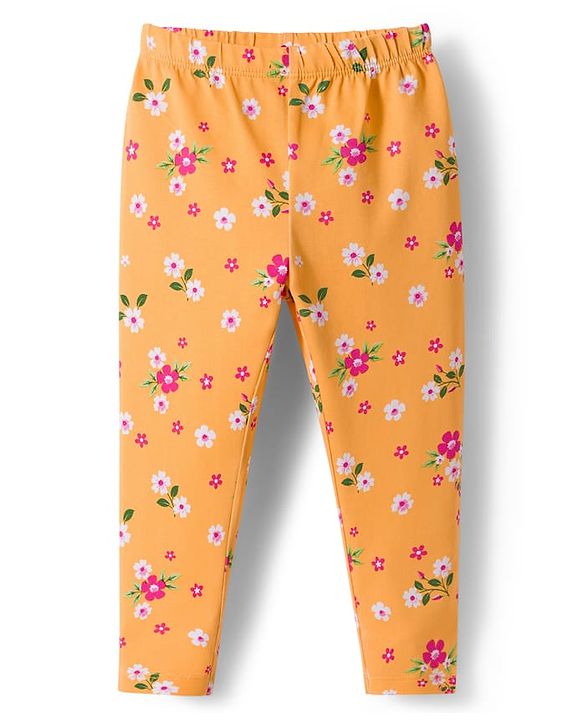 Babyhug Cotton Lycra Knit Full Length Leggings With Polka Dot & Floral Print Pack Of 3 - Pink Green & Fuschia