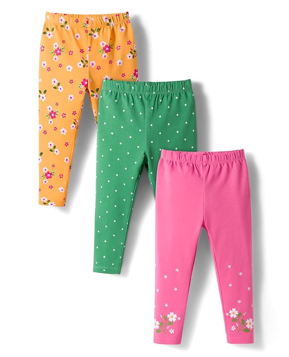 Babyhug Cotton Lycra Knit Full Length Leggings With Polka Dot & Floral Print Pack Of 3 - Pink Green & Fuschia