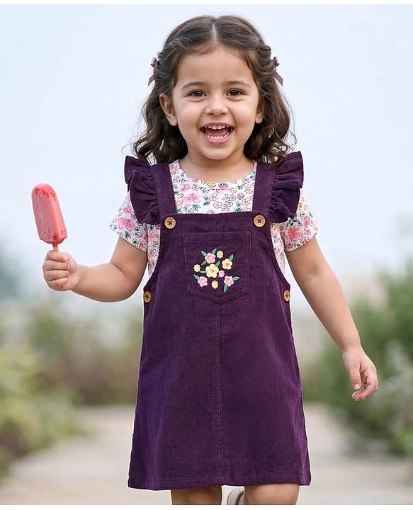 Babyhug Cotton Woven Half Sleeves T-Shirt & Frock with Floral Print - Purple