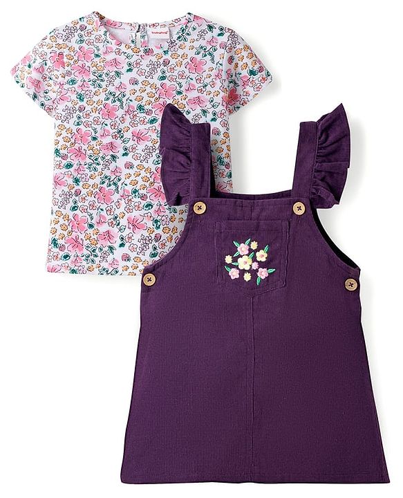 Babyhug Cotton Woven Half Sleeves T-Shirt & Frock with Floral Print - Purple