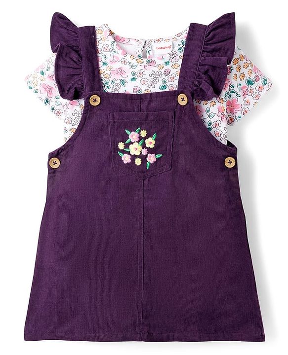 Babyhug Cotton Woven Half Sleeves T-Shirt & Frock with Floral Print - Purple