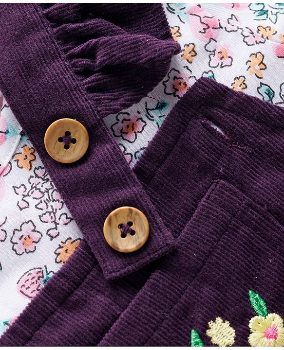 Babyhug Cotton Woven Half Sleeves T-Shirt & Frock with Floral Print - Purple