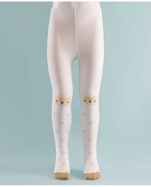 Cute Walk by Babyhug Knit Heart & Bear Design Antibacterial Tights - White