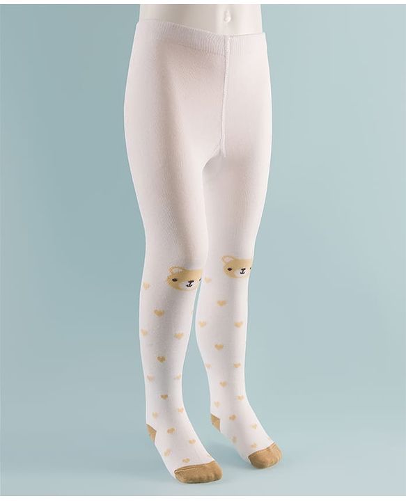 Cute Walk by Babyhug Knit Heart & Bear Design Antibacterial Tights - White