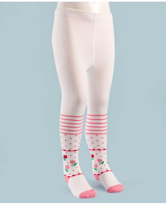 Cute Walk by Babyhug Knit Antibacterial Tights with Floral Design - White