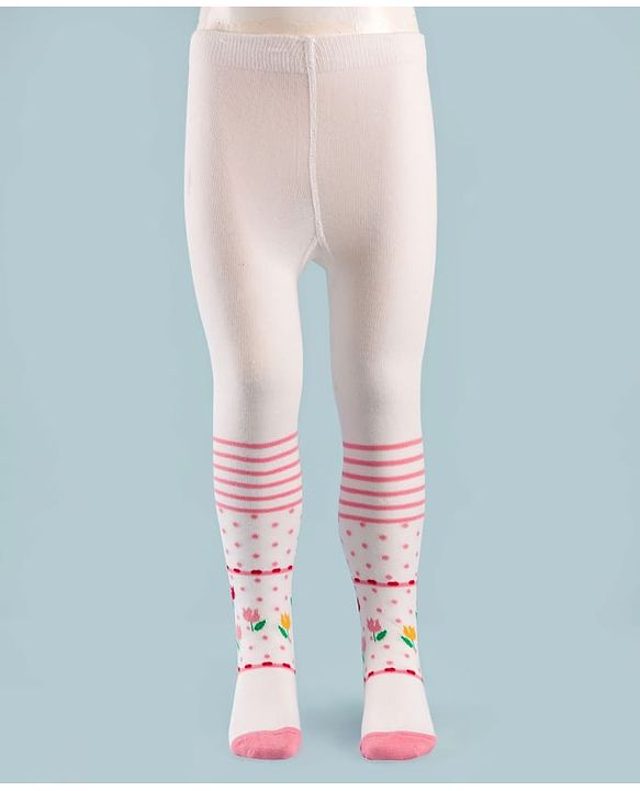 Cute Walk by Babyhug Knit Antibacterial Tights with Floral Design - White