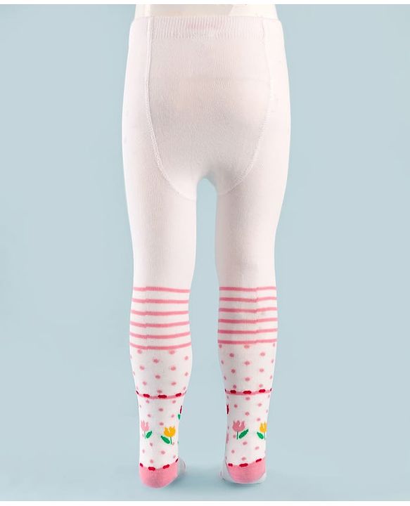 Cute Walk by Babyhug Knit Antibacterial Tights with Floral Design - White