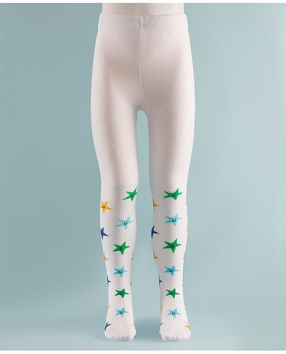 Cute Walk by Babyhug Knit Star Design Antibacterial Tights - White