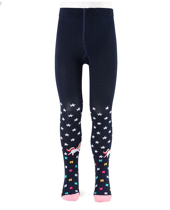 Cute Walk by Babyhug Cotton Knit Anti Bacterial Footed Tights With Unicorn Design - Navy Blue