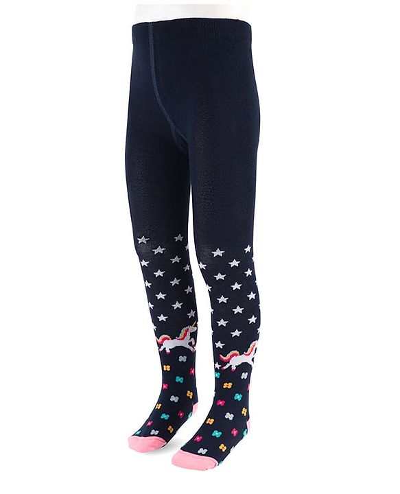 Cute Walk by Babyhug Cotton Knit Anti Bacterial Footed Tights With Unicorn Design - Navy Blue