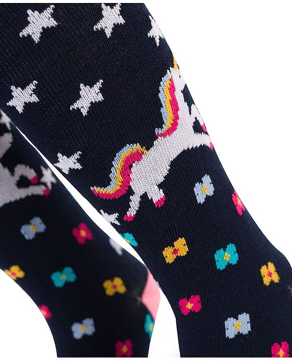 Cute Walk by Babyhug Cotton Knit Anti Bacterial Footed Tights With Unicorn Design - Navy Blue