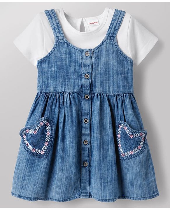 Babyhug Cotton Woven Half Sleeves Solid Colour T-Shirt & Frock with Heart Patch - Blue