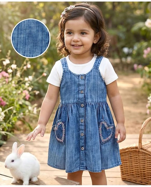 Babyhug Cotton Woven Half Sleeves Solid Colour T-Shirt & Frock with Heart Patch - Blue