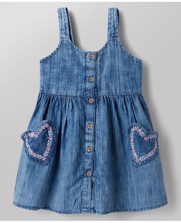 Babyhug Cotton Woven Half Sleeves Solid Colour T-Shirt & Frock with Heart Patch - Blue