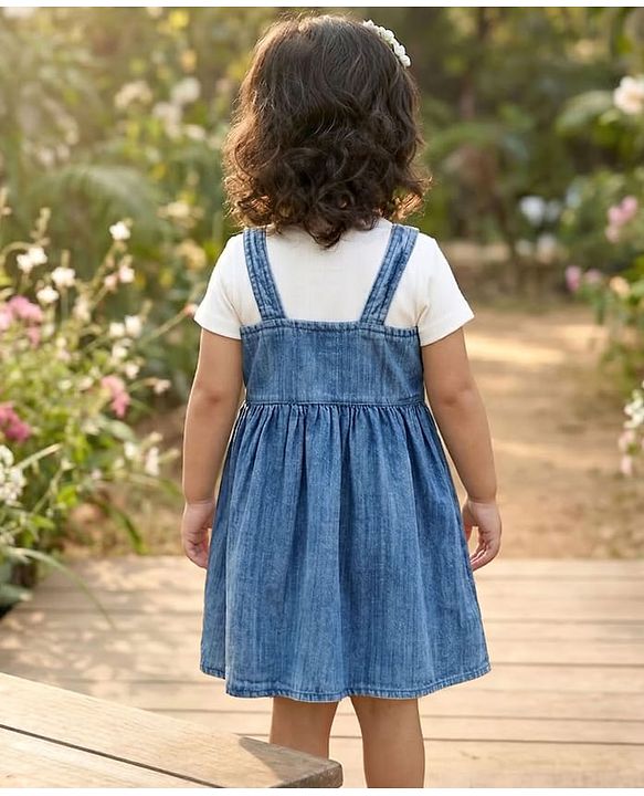 Babyhug Cotton Woven Half Sleeves Solid Colour T-Shirt & Frock with Heart Patch - Blue