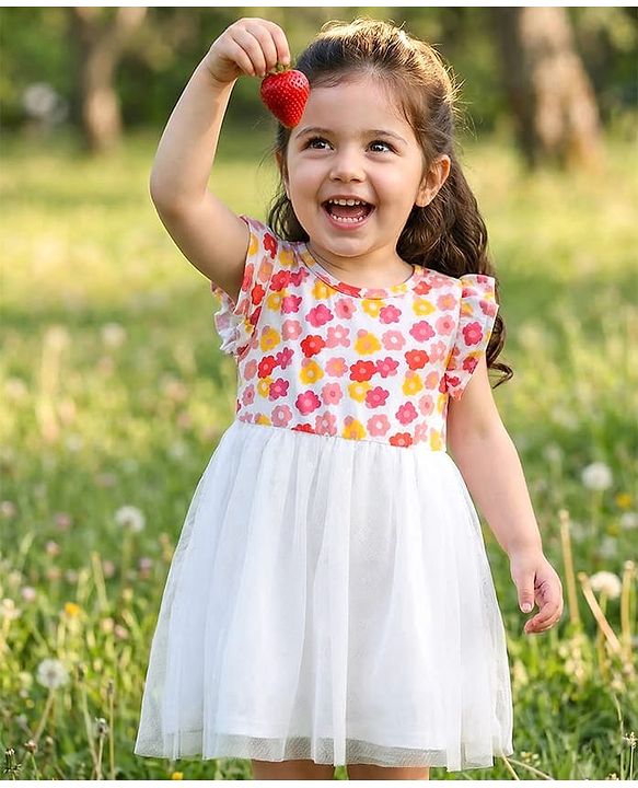 Babyhug Cotton Woven Frill Sleeves Frock With Floral Print - White