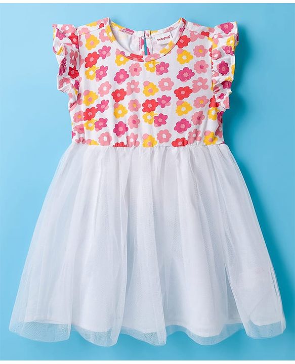 Babyhug Cotton Woven Frill Sleeves Frock With Floral Print - White