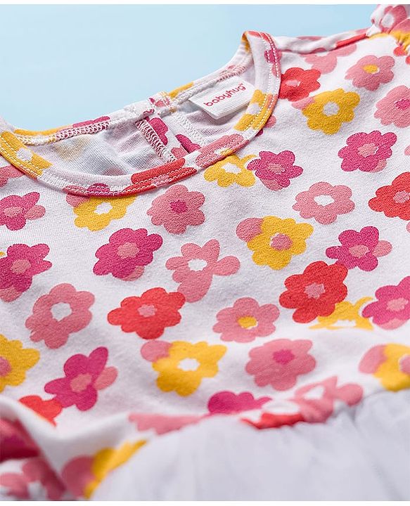 Babyhug Cotton Woven Frill Sleeves Frock With Floral Print - White