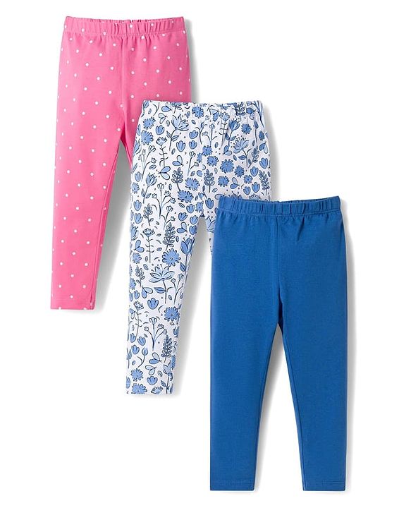 Babyhug Cotton Knit Slim Fit Full Length Leggings with Polka Dots & Floral Print Pack of 3 - Multicolor