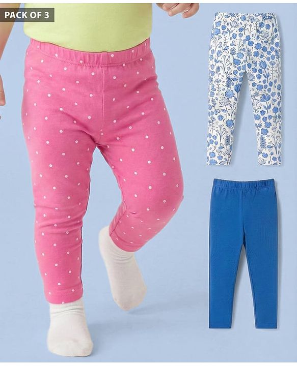Babyhug Cotton Knit Slim Fit Full Length Leggings with Polka Dots & Floral Print Pack of 3 - Multicolor