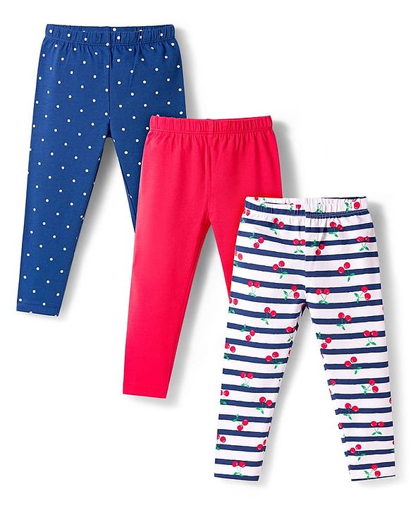Babyhug Cotton Lycra Knit Full Length Leggings With Polka Dot Print Pack Of 3 - Blue Red & White