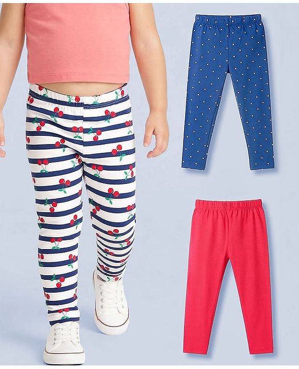 Babyhug Cotton Lycra Knit Full Length Leggings With Polka Dot Print Pack Of 3 - Blue Red & White