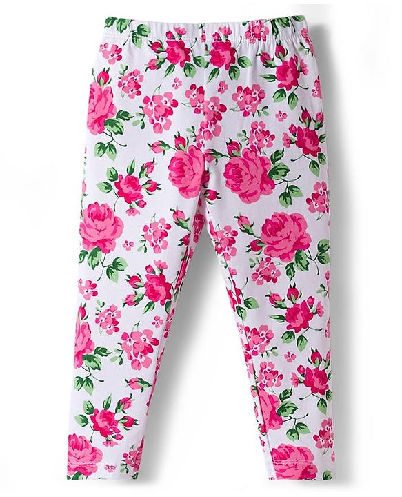 Babyhug Cotton Lycra Full Length Leggings With Floral Print Pack Of 3 - White Green & Pink