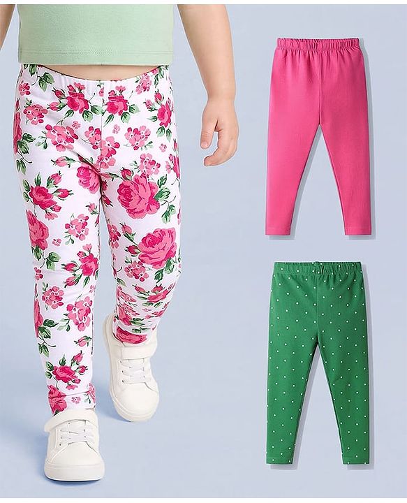 Babyhug Cotton Lycra Full Length Leggings With Floral Print Pack Of 3 - White Green & Pink