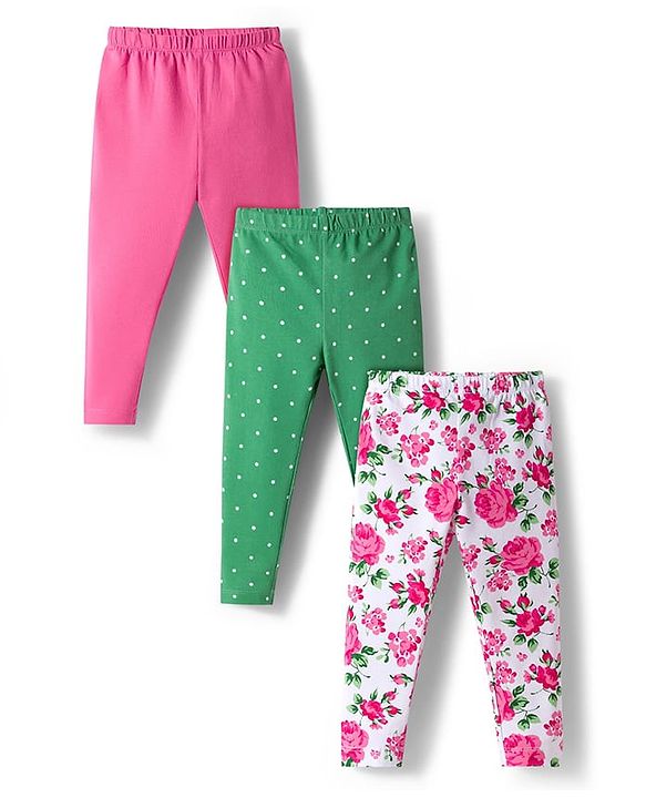 Babyhug Cotton Lycra Full Length Leggings With Floral Print Pack Of 3 - White Green & Pink