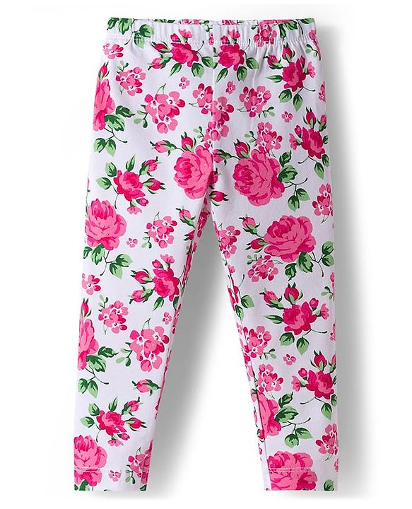 Babyhug Cotton Lycra Full Length Leggings With Floral Print Pack Of 3 - White Green & Pink