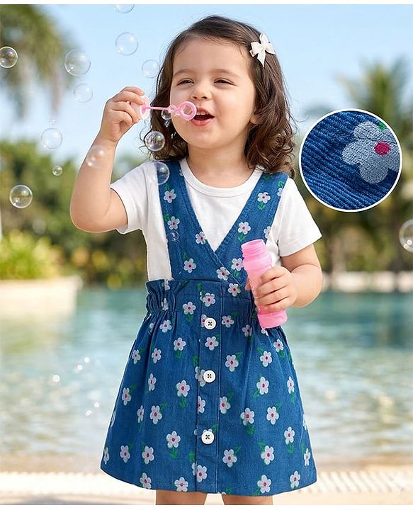 Babyhug Cotton Woven Frock & Half Sleeves Inner Tee With Floral Print - Blue & White